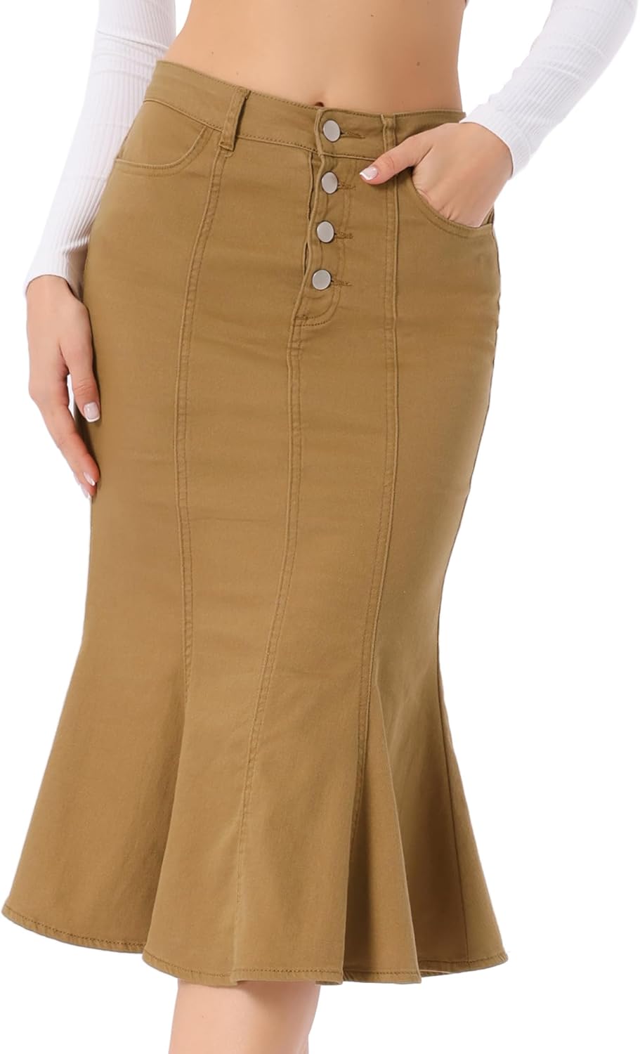 Allegra K Denim Skirt for Women's Washed High Waisted Fishtail Midi Jean Skirts