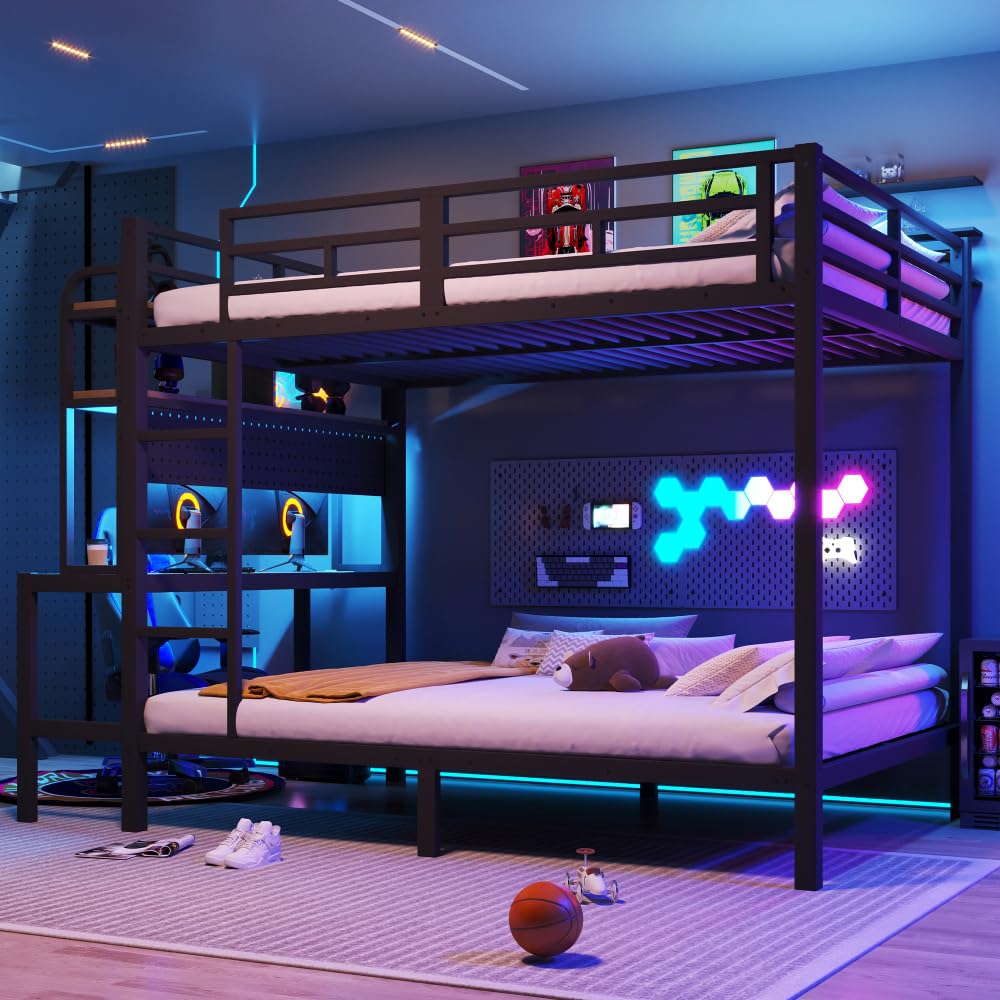 Lubvtti Litera de hierro para niños, 140 x 200 cm, con tira de luz LED, puerto USB, escritorio, compartimento de almacenamiento, cama infantil, estructura de cama de matrimonio (negro)