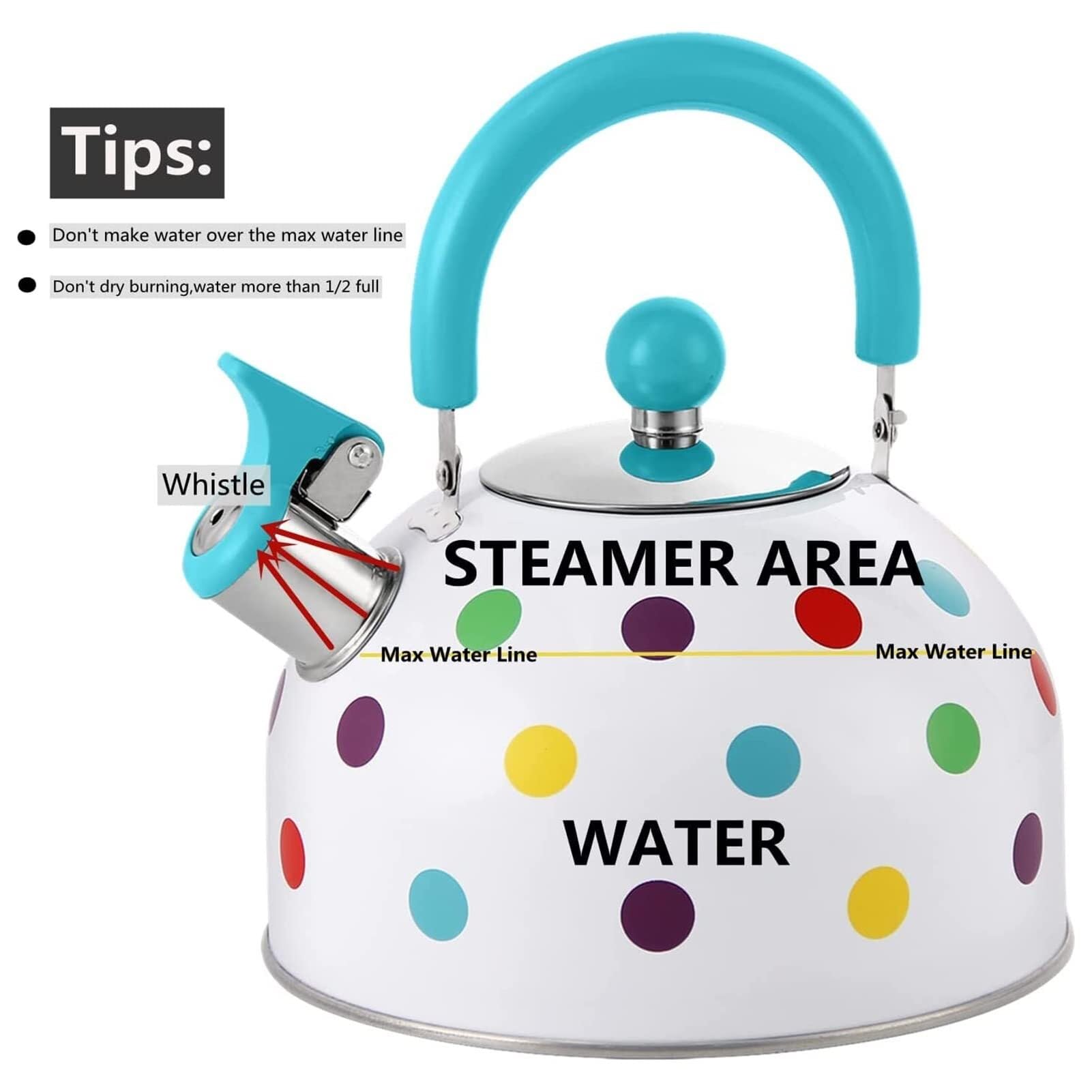 Hervidor de agua de acero inoxidable de 2 litros para estufa, tetera de lunares, apto para todo tipo de fuegos