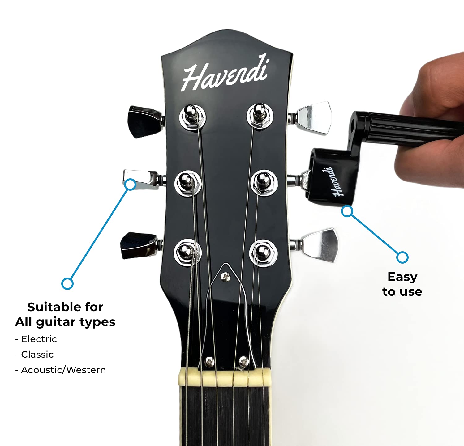 HAVENDI® Premium Manivelle pour guitare avec 3 plectres et un chiffon de nettoyage - Pour un changement de cordes plus rapide - Guitares folk, acoustiques, électriques et de concert