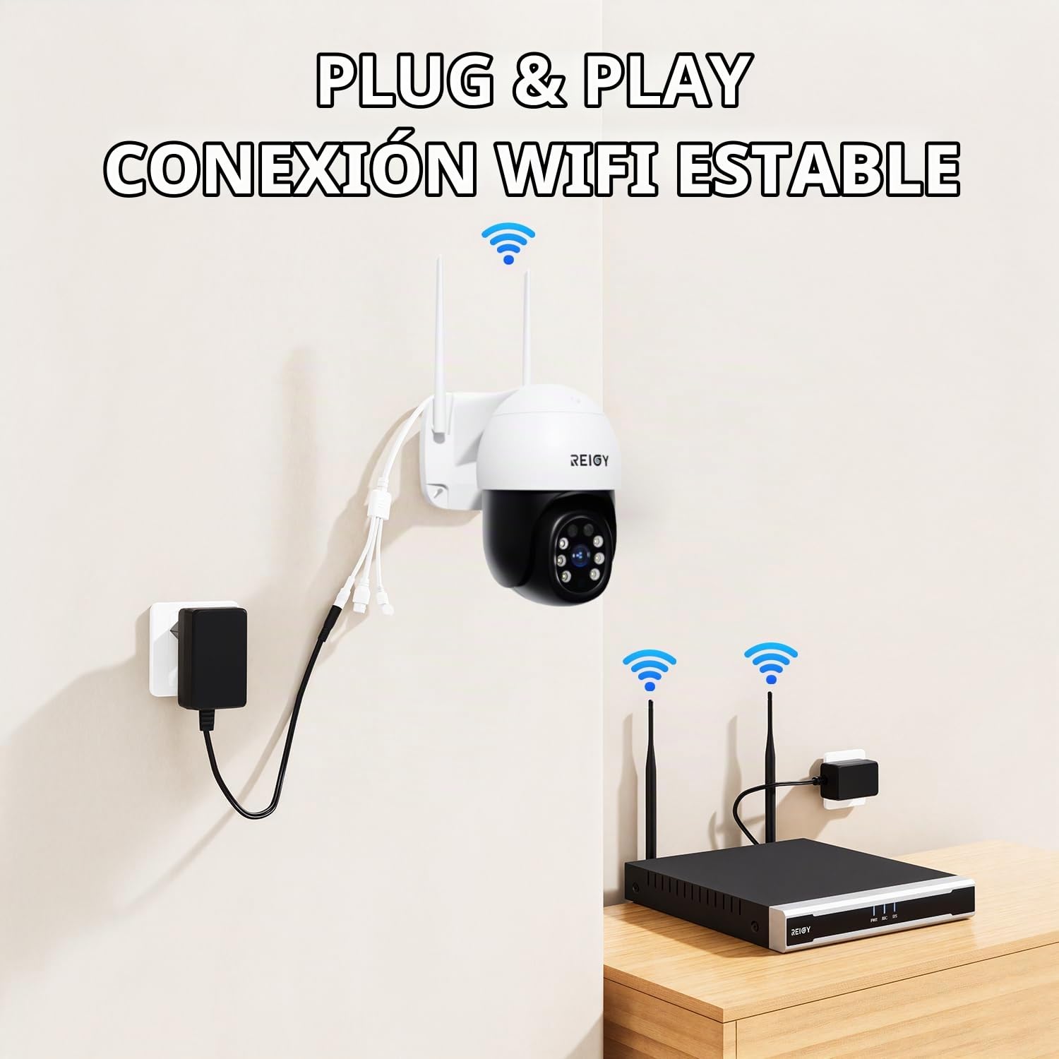 REIGY 5MP Cámara de Vigilancia WiFi Exterior 360°, Camara de Seguridad IP PT 2880*1620p, Visión Nocturna Infrarroja y Color, Audio Bidireccional, Detección de Movimiento Compatible con NVR iOS/Android