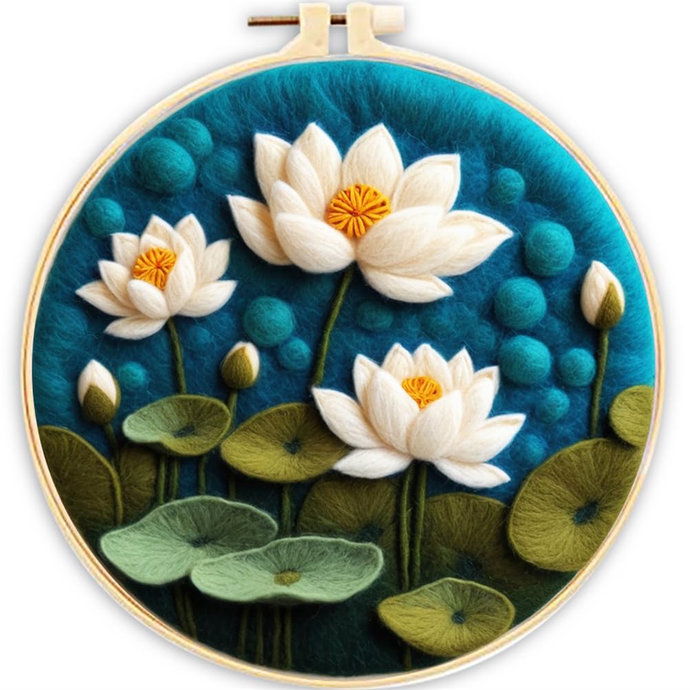 Meecaa DIY Needle Felting Kit for Beginners,Lotus Flower Including Wool Felt Supplies, Embroidery Hoops,Beautiful Wool Painting and Needle Felting Tools (Lotus)