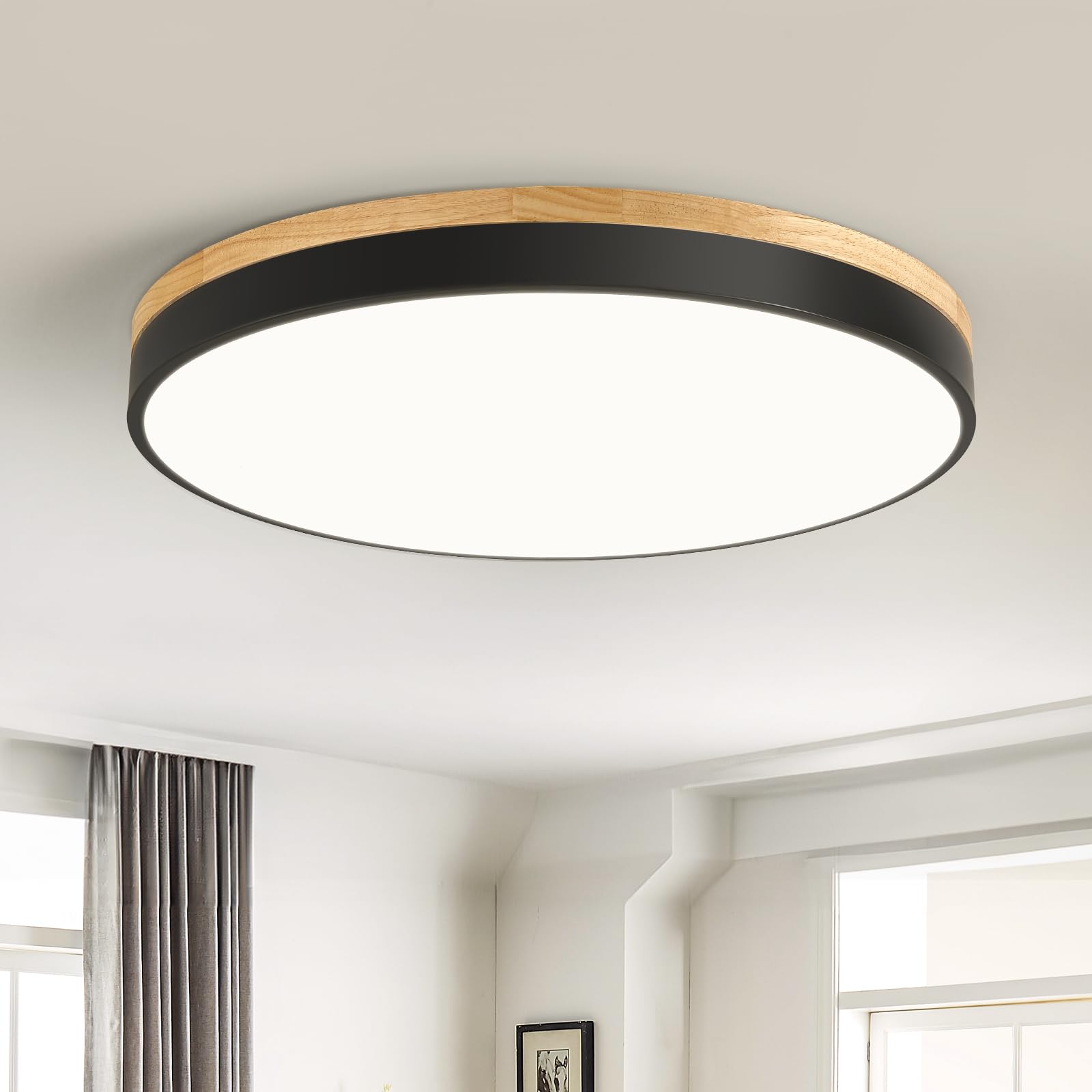 Qamra Ceiling Lamp, LED Ceiling Light Wood 50 cm, Black Lighting Fixture, 48 W Round Lamp for Living Room, Kitchen, Hallway, Dining Room, 4000 K
