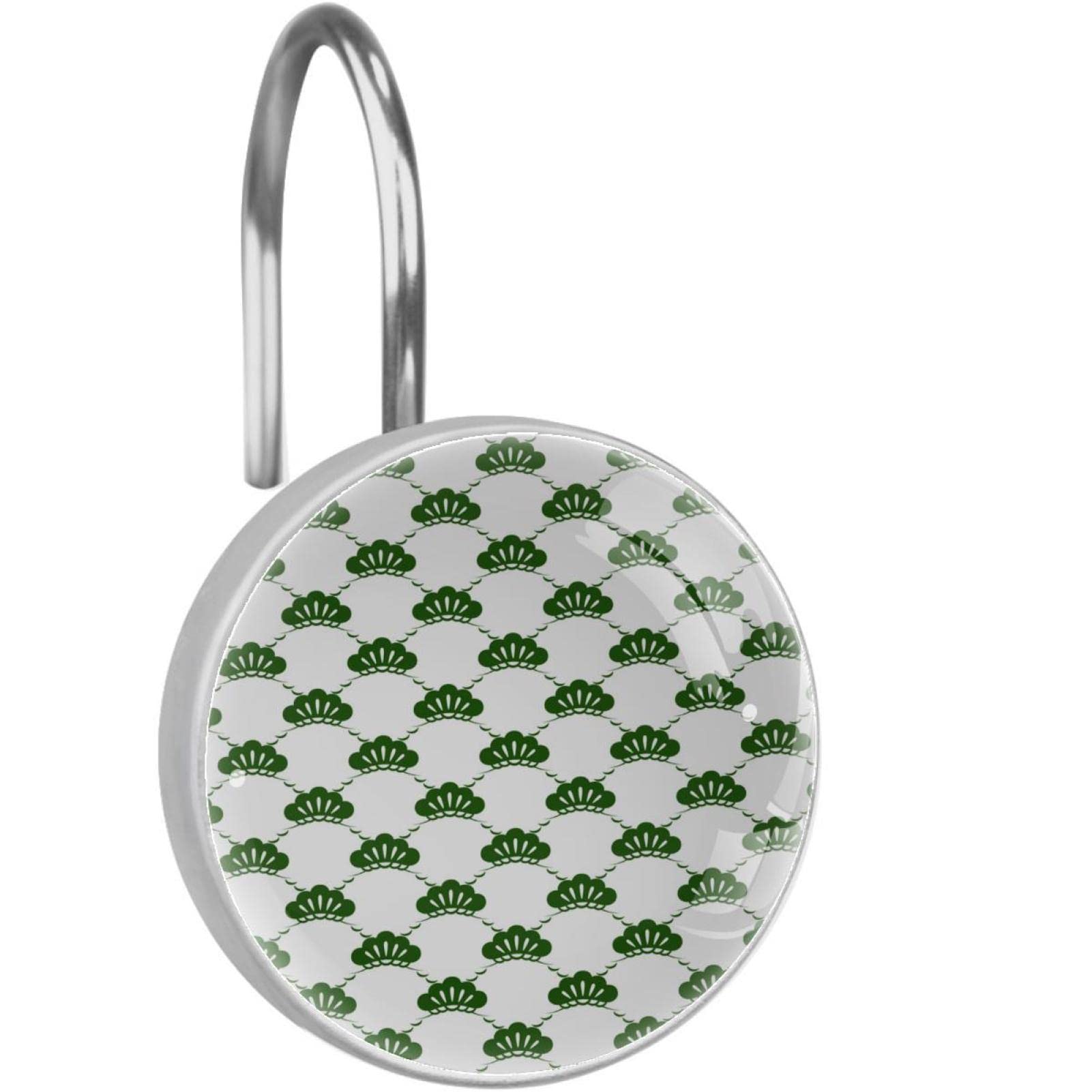 Crochets rideau de douche inox au motif traditionnel japonais vert - Lot de 12 durables
