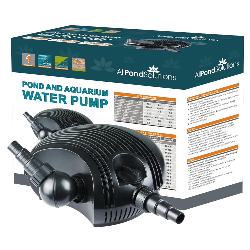 AllPondSolutions Pond Filter Pump 15000 L/H, Fully Submersible - Garden Koi Fish Waterfall Pump 6mm Solids Handling. 15000PP