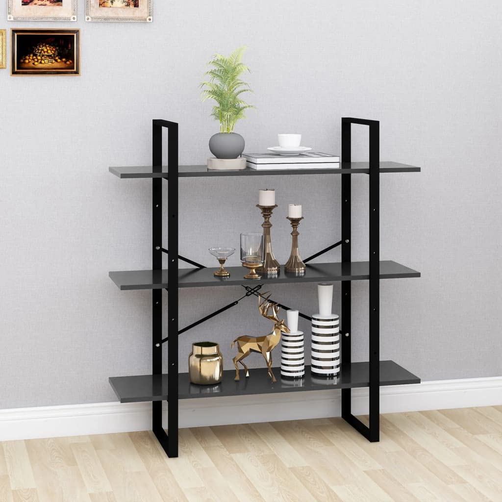 Industrielles Bücherregal Grau 100x30x105 cm aus Holzwerkstoff und Metall, 3 Ablagen für Bücher und Dekoration, modernes Standregal für Wohnzimmer, pflegeleicht mit feuchtem Tuch
