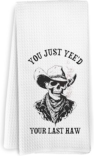 Miniatura 1 de Divertidas toallas de cocina góticas con diseño de esqueleto de vaquero y diseño de calavera occidental, toalla decorativa de mano divertida para