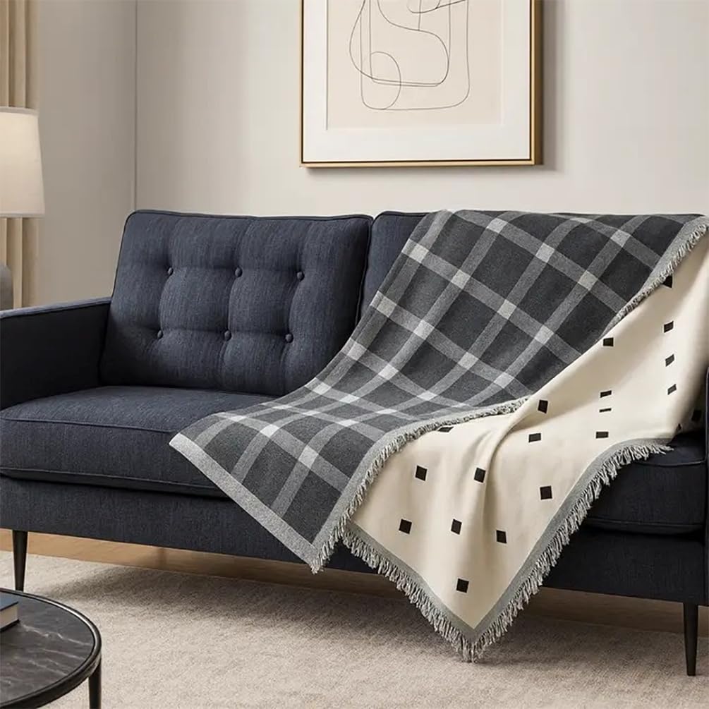 Fennco Styles Checkered Fringe Chenille Reversible Throw Blanket 50" W x 72" L - Black and White Plaid Woven Soft Blanket for Bed, Couch, Sofa, Home, Office and Holidays Décor