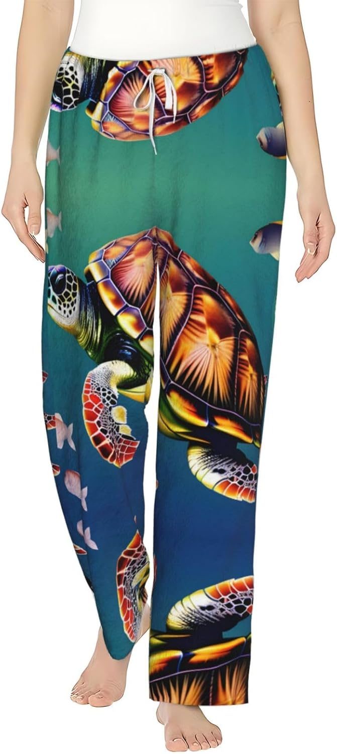 Sea Turtle With Fishes Print Cozy Women'S Flannel Pajama Pants,Perfect For Christmas And Everyday Comfort