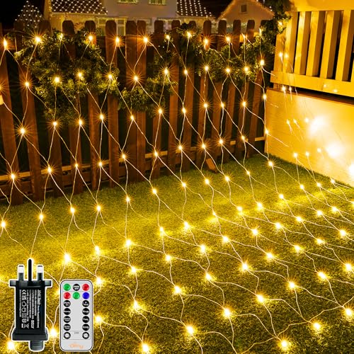 Ollny Net Lights Outdoor Indoor, 200 LED 3m x 2m Mesh Fairy Lights Plug in, Waterproof String Lights with 8 Light Modes/Timer/Remote for Xmas Tree/Outside/Curtain/Window/Garden Decoration, Warm White