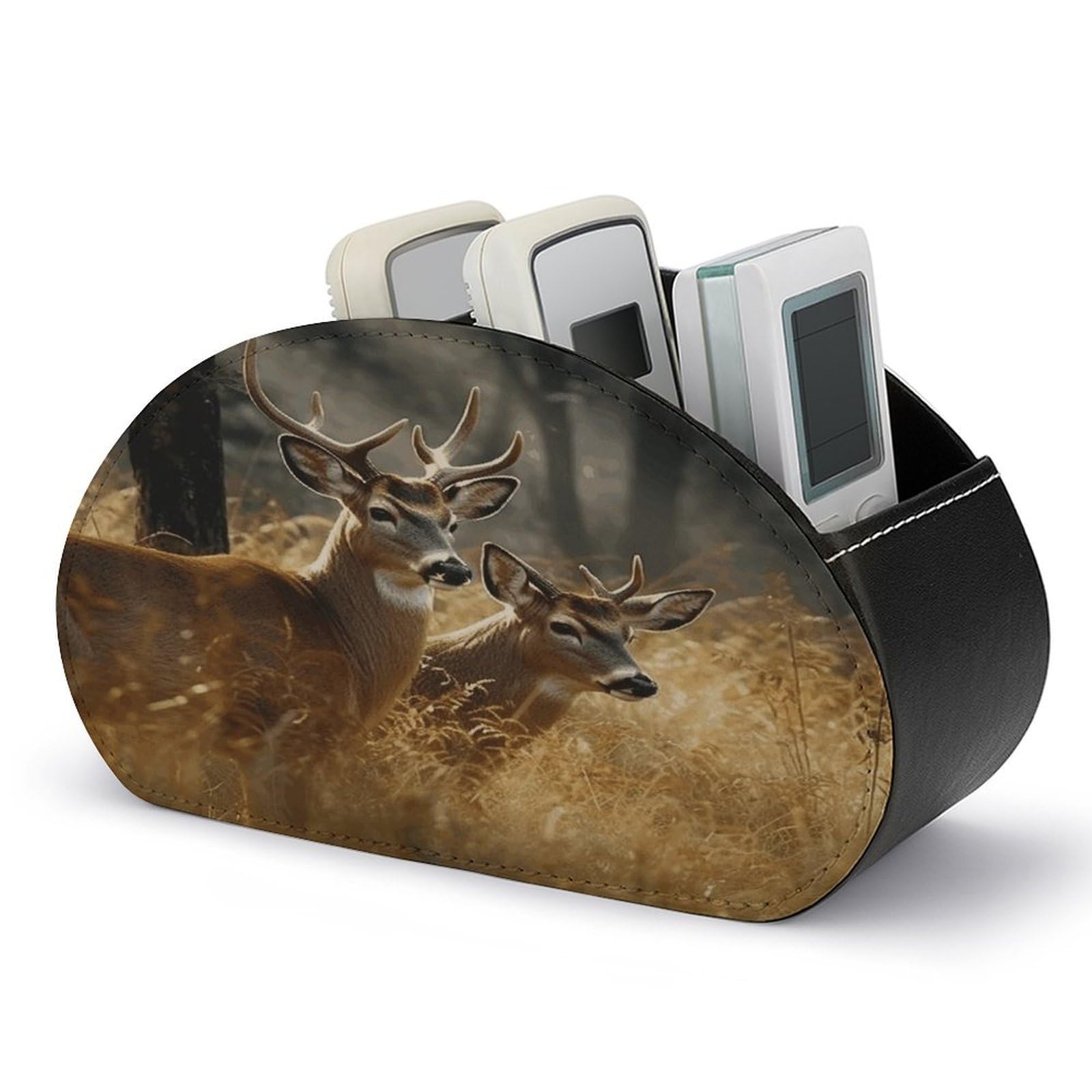 FekiLoot Nature Wild Animal Deers Remote Control Holder with 5 Compartments - PU Leather Remote Caddy Desktop Organizer, Personalized TV Media Remote Storage Box for Home Coffee Desk Accessories