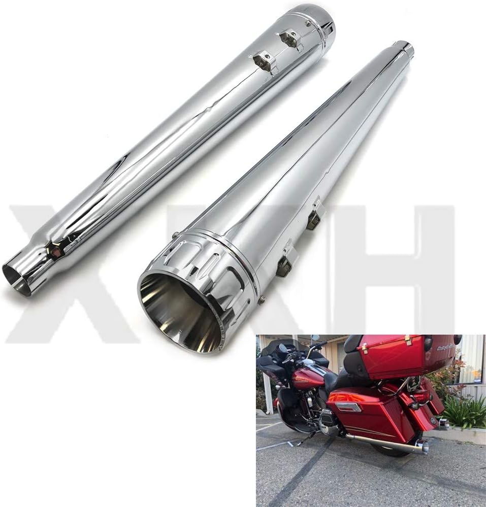 XKMT-4"Chrome Megaphone Slip On Mufflers Exhaust Pipe Compatible With 1995-2016 Harley Touring [B07JNG3FDN]