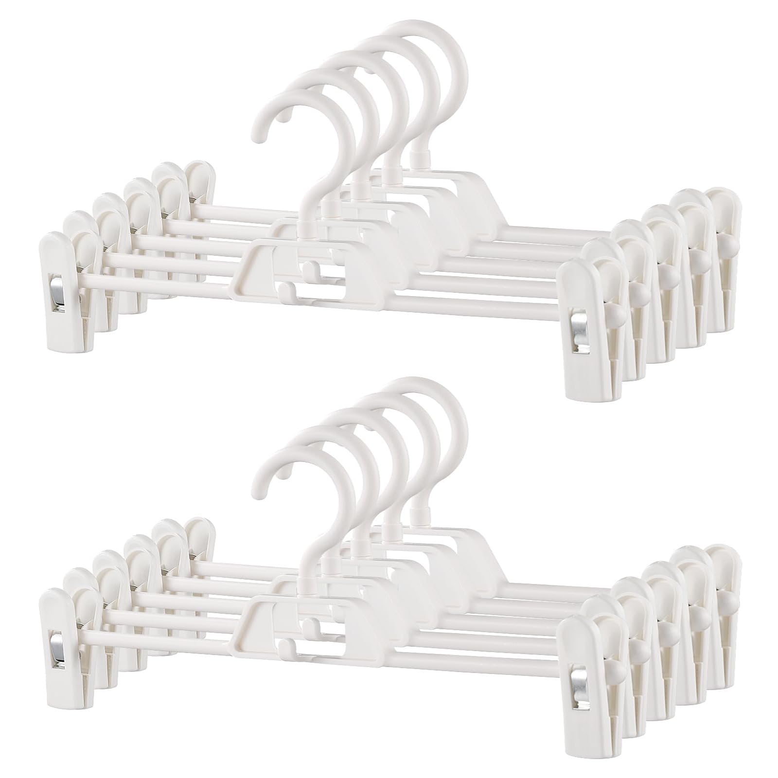 Hosenbügel Hosenspanner 10 Stück Kleiderbügel Kunststoff 34 cm, rutschfeste und Verstellbare Klammern, 360° Drehbarer Haken, Platzsparend (Weiß)