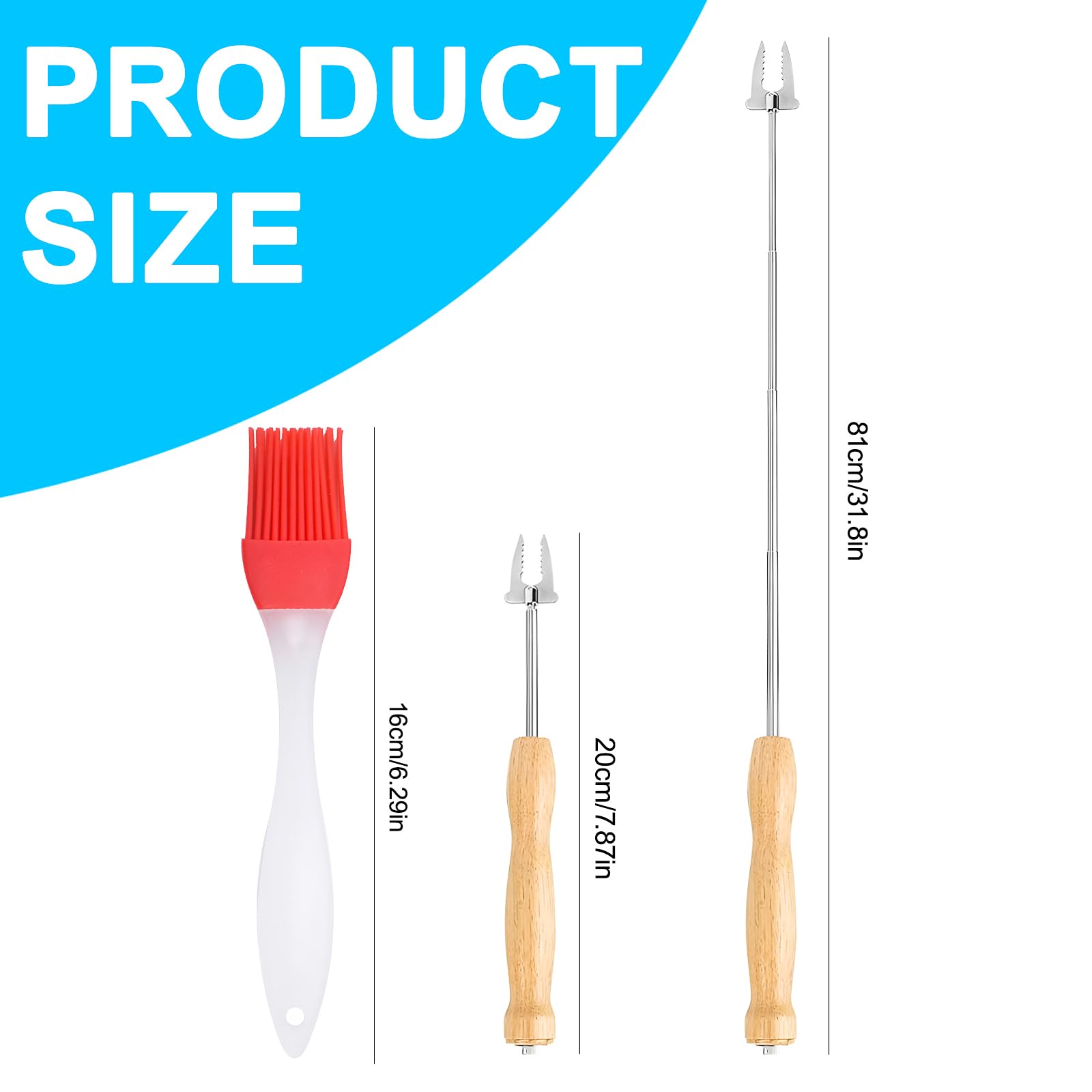 Brochettes Extensibles pour Barbecue – 2 Pièces en Acier Inox + 1 Pinceau en Silicone – Piques à Marshmallow & Pain à Bâton pour Feu de Camp, Camping, Grillades
