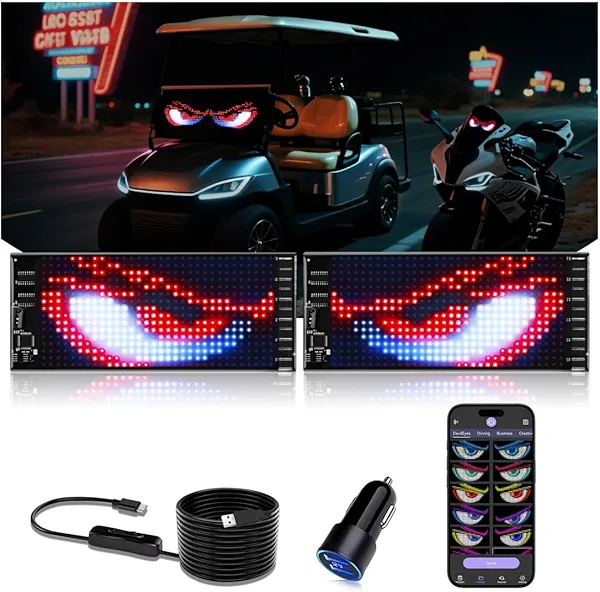 Multifunctional Bright 2PCS Devil Eyes Car Motorcycle/Golf Cart Windshield - 7in x 3in [ Upgraded Chip Two Screens 100% Synchronized ] Programmable LED Eyes for Car - Flex LED Display