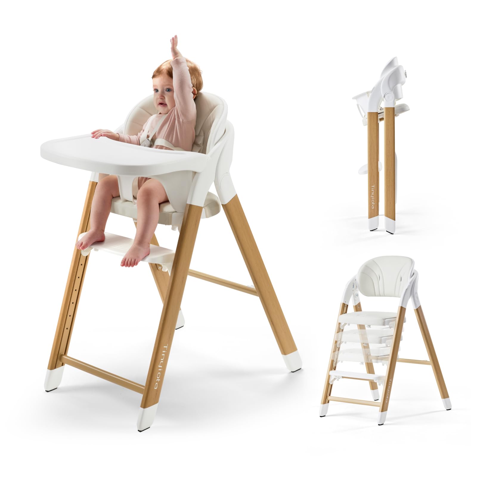 tinyiota high chair for babies and toddlers, foldable & 8-level adjustable, one-handed removable tray, ergonomic baby highchair convertible into desk chair for toddler to adult (wood color)