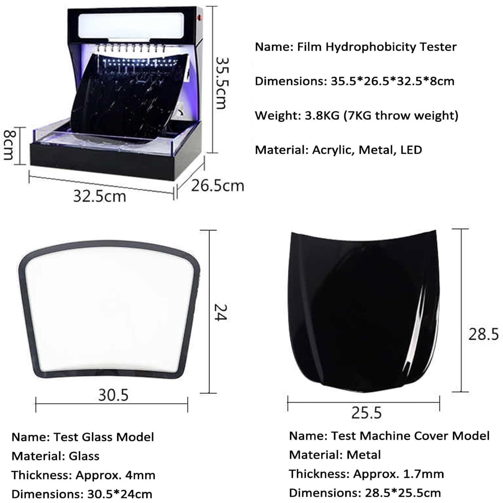 Macchina per test idrofobici, tester per pellicole galvaniche con flusso d'acqua regolabile, tester di prestazioni idrorepellenti con pompa e cappa, luce LED a 3 colori(White,Glass)
