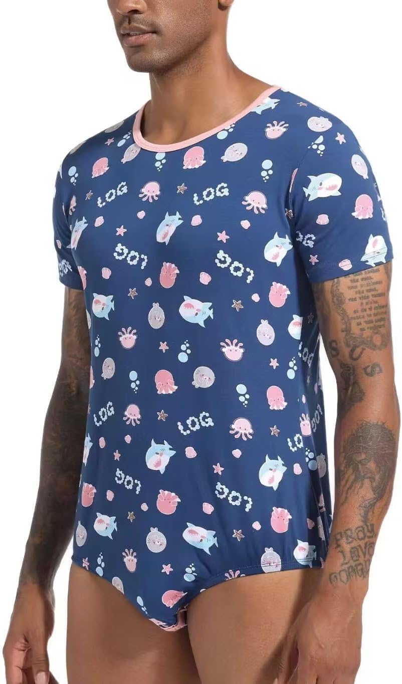 Landofgenie Men Short Sleeve Bodysuit Pajama Print Bodysuit One Piece Pajamas Rompers Basic Onesie - Image 4