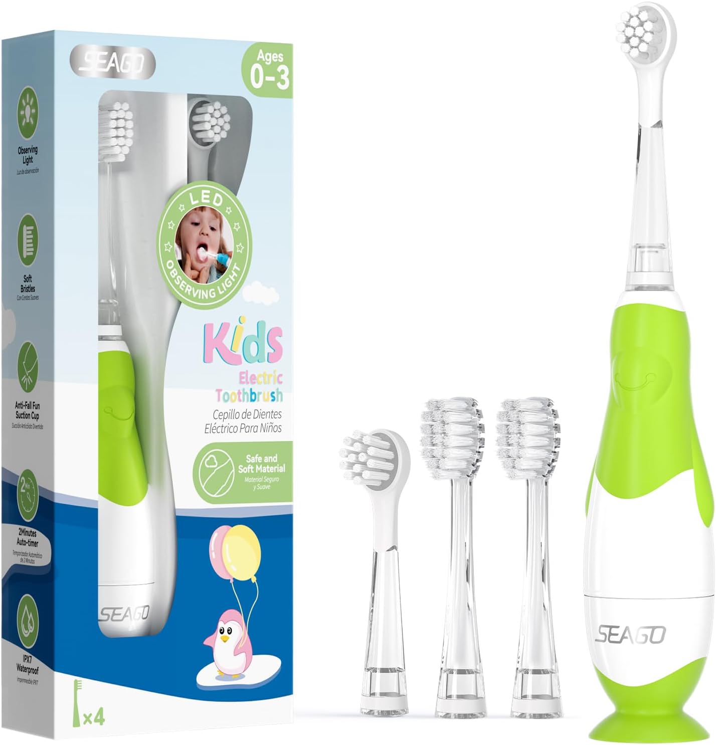 Baby Toothbrush Age 0-2-3 Years Old Electric Toddler Kids Battery Powered Sonic Tooth Brush with Timer LED Light and 4 Soft Brush Heads for 6 Months and Up SG513 (Baby Purple UK)