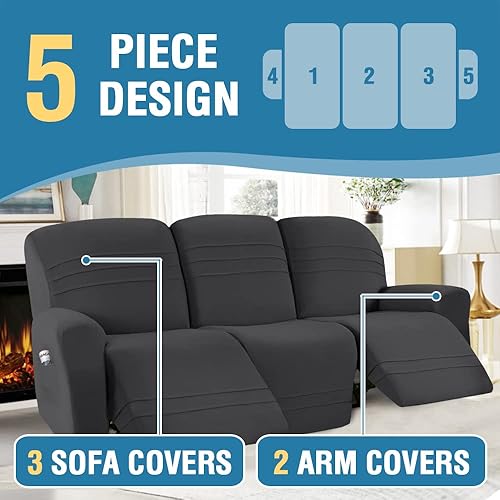 Miniatura 4 de H.VERSAILTEX Fundas de sofá reclinable de 5 piezas, fundas elásticas para sofá reclinable de 3 cojines, fundas para muebles, estilo personalizado,