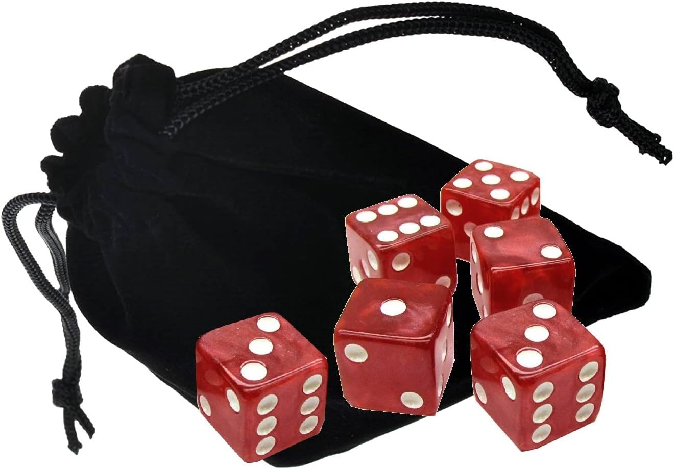 Set of (6) 16mm D6 Dice Marbleized Standard Squared Corners ... Plus Black Velvet Cloth Pouch Bag (Gold)