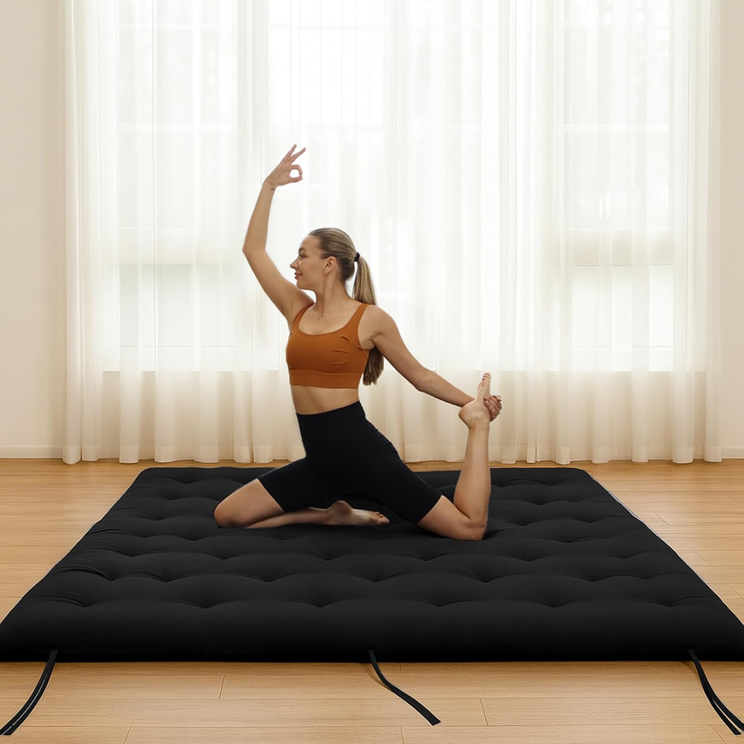 Syrinx Japanese Floor Futon Mattress, Foldable Tatami Sleeping Pad for Adults & Kids, Roll-Up Floor Bed or Bench Cushion with Anti-Slip Strap & Water-Resistant Design 01 - Black 76" × 80"(King)
