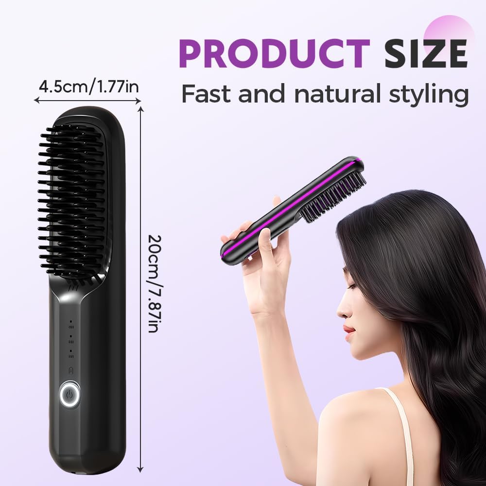 USB Cordless Negative Ion Hair Straightening Comb, Portable Straightener Brushs for Travel, with LCD Temperature Display, Portable Hair Straightener, Fast Heating Cordless Mini Hair Brushs (Purple) - Image 5