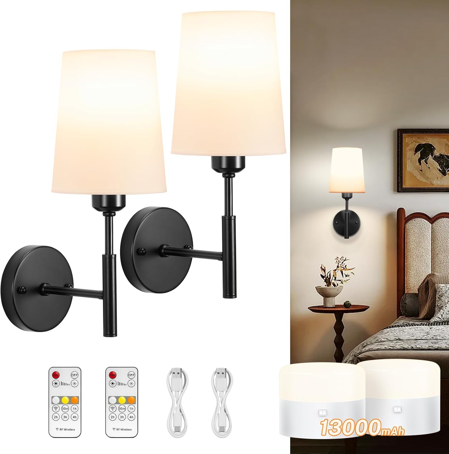 Wall Sconces Battery Operated, Battery Operated Wall Sconce with 13000mAh Magnetic Bulbs and Remote, Rechargeable Wall Sconce Set of 2, WirelessWall Lamp/Lights for Bedroom (Black)