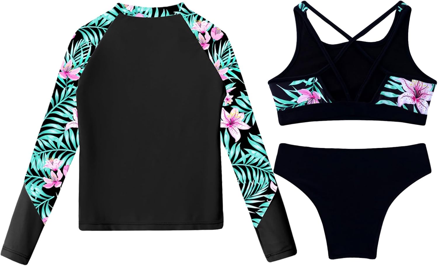 Hansber 3 Pcs Swimwear for Girls Kids Long Sleeve Swimshirts Crop Tops with Briefs Rash Guard Set