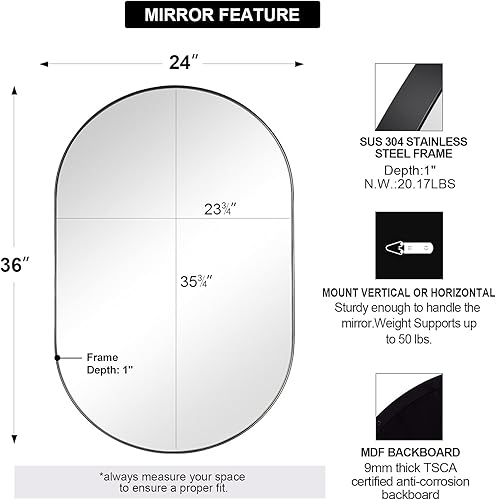 Miniatura 125 de ANDY STAR Espejos ovalados de baño, espejo de tocador doble de 30 x 48 pulgadas, espejos ovalados negros para baño, marco de acero inoxidable