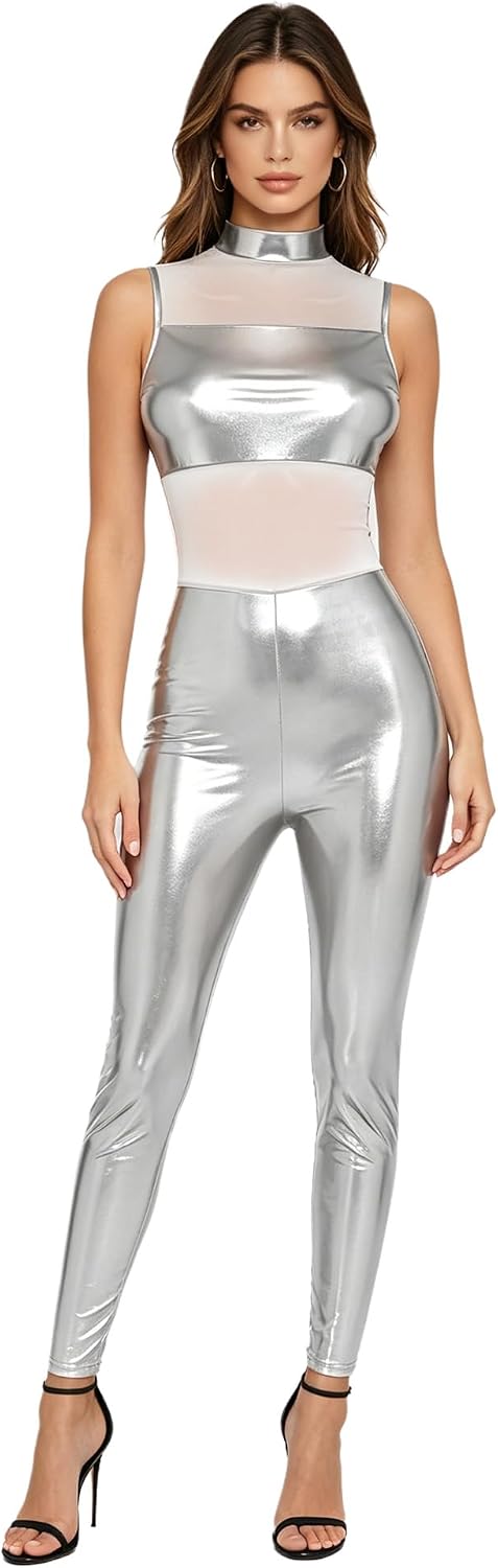 Linjinx Women One Piece Unitards Sleeveless Ballet Leotard Athletic Romper Shiny Metallic Unitard Activewear