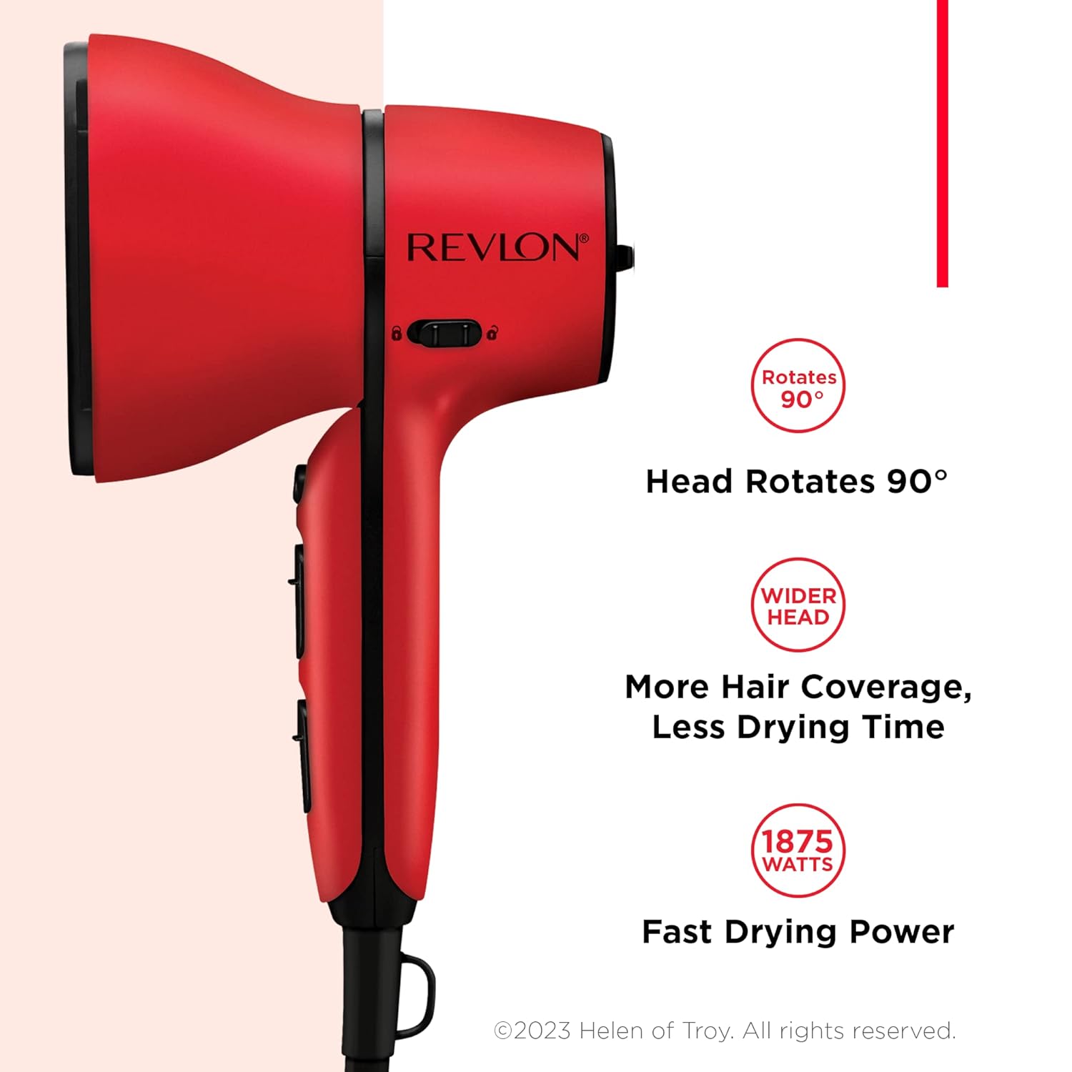 REVLON Airflow Control Hair Dryer with Diffuser - 1875W Blow Dryer Head Rotates 90° for Total Control, Wider Head for Less Drying Time, Reduces Frizz (Red)