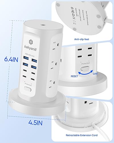 Miniatura 8 de Torre de regleta de alimentación, torre protectora de sobretensiones, 9 salidas de CA, 8 USB (4 USB C), cable de extensión retráctil de 6 pies,