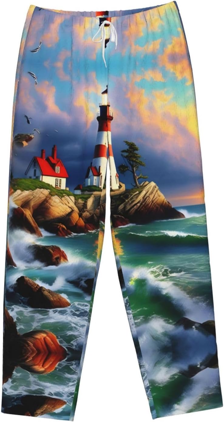 Lighthouse Diamond Painting Print Cozy Flannel Pajama Pants For Women,Warm Christmas Pj Pants,Cute Fleece Pajamas