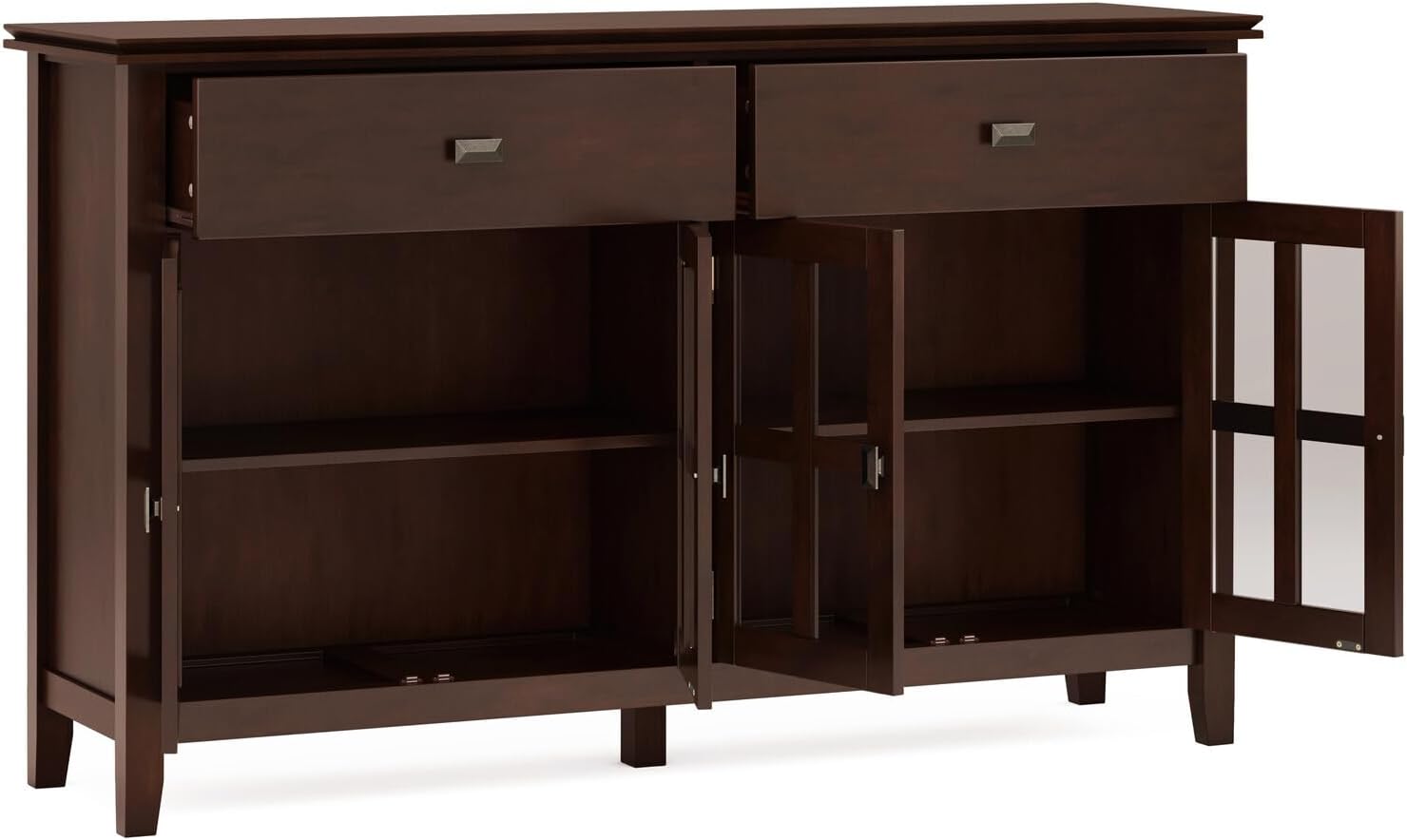 HomeStock French Flair Artisan 60 in Wide 4-Door Sideboard Buffet in Russet Brown - Solid Wood, Mullion Framed Glass, 60 in W x 17 in D x 34 in H