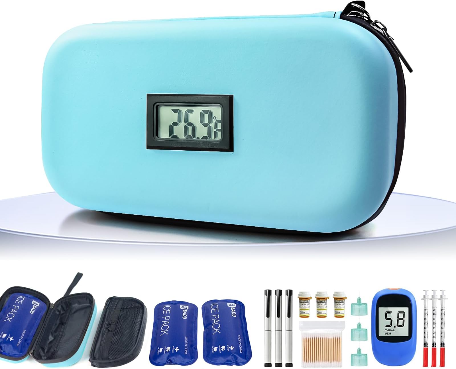 Gosemai TSA Approved Insulin Cooler Travel Case Medication Cooler for Travel with Thermometer Temperature Display Diabetic Medication Organizer Medical Travel Cooler Bag with 2 Ice Pack (Light Blue)