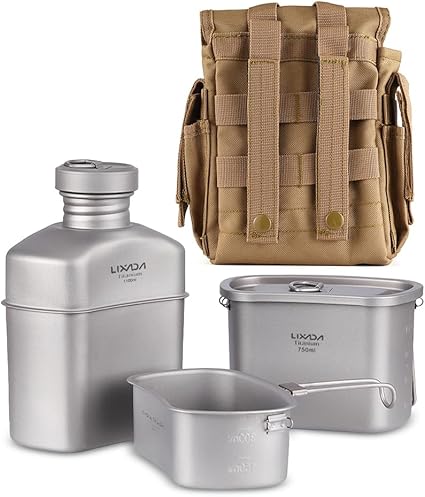 Lixada Titanium Canteen Military Mess Kit 1100ml 37oz Capacity with 750ml + 400ml Cookware Cups + Nylon Pouch, Portable Lightweight Outdoor Cooking Set for Camping Hiking Backpacking Picnic