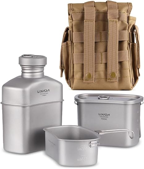 Lixada Titanium Canteen Military Mess Kit 1100ml 37oz Capacity with 750ml + 400ml Cookware Cups + Nylon Pouch, Portable Lightweight Outdoor Cooking Set for Camping Hiking Backpacking Picnic