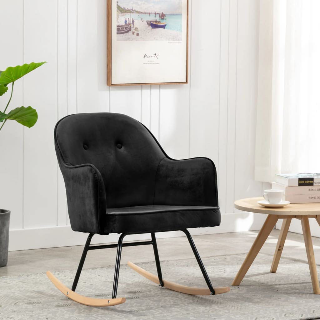 Silla mecedora negra de terciopelo, mecedora de interior, sillón balancín rocking sofa apto para salón, dormitorio, balcón