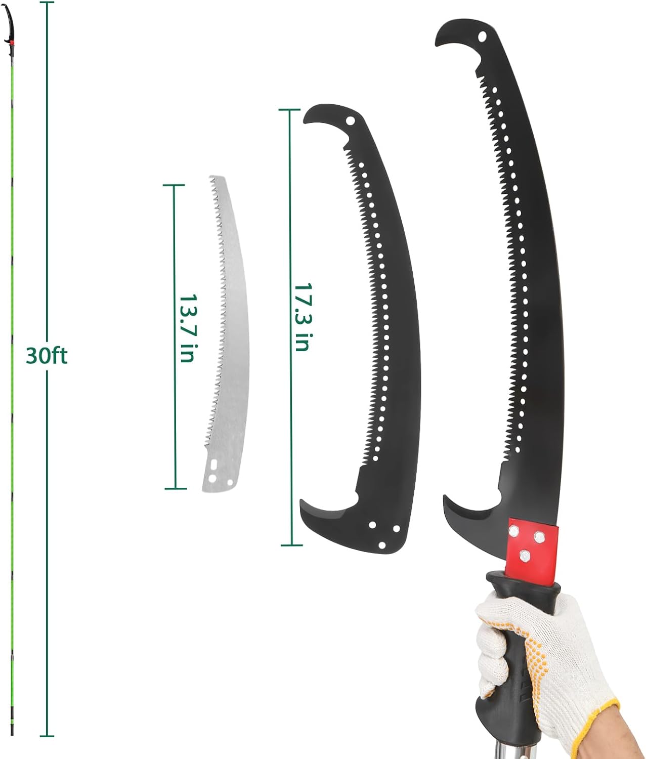 30ft Lightweight Tree Trimmers Long Handle Pruner Set,Manual Pole Saws,Sharp Steel Blade and Scissors Pole Saw,Gardening Tools Pruner Set,with Carry Bag,for Pruning Palms Trees and Shrubs (Green)
