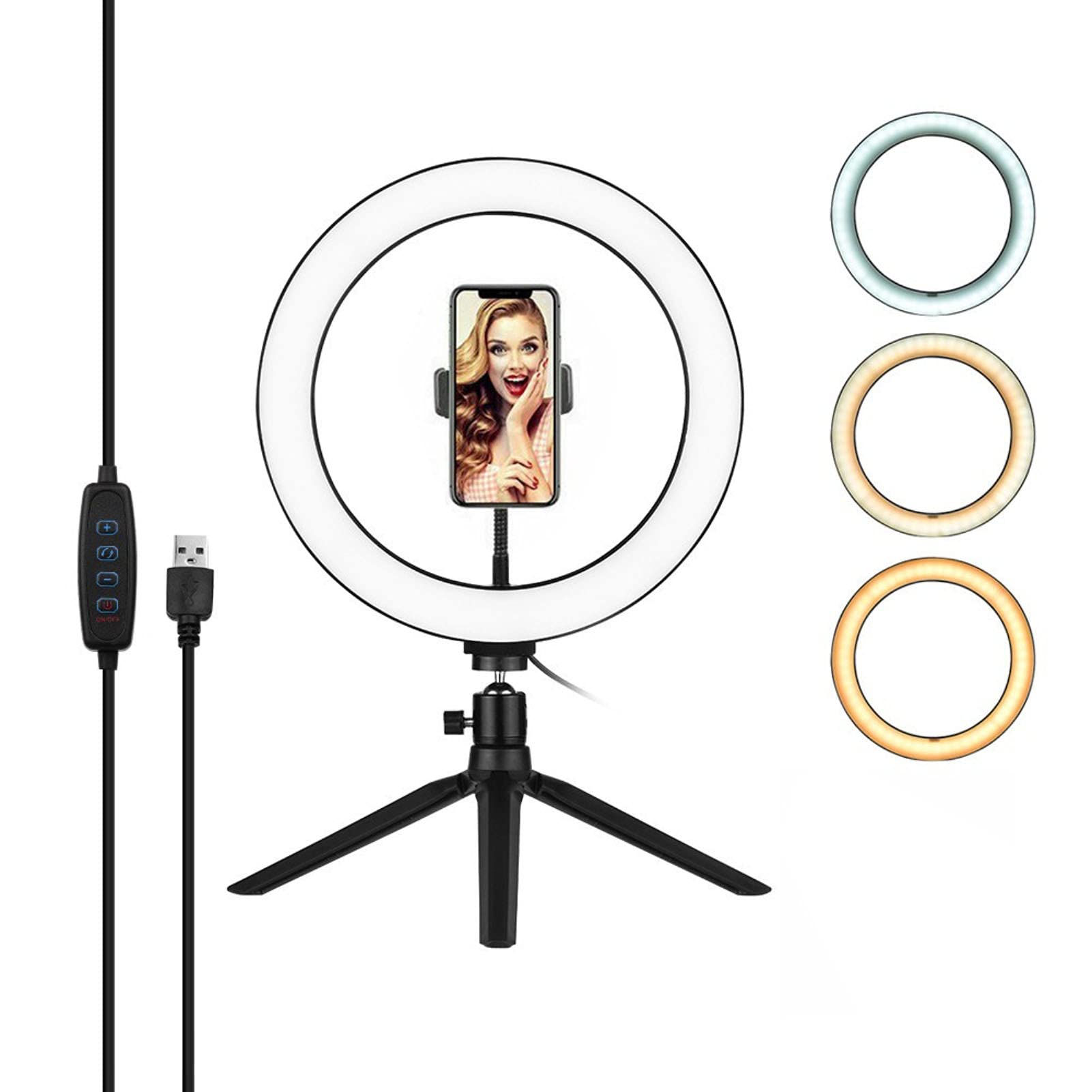 Anello luminoso per selfie da 25 cm, con supporto per treppiedi e supporto per telefono, con LED USB, dimmerabile, per trucco/YouTube/TIKTok/Video/streaming