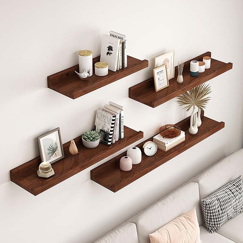 Set of 4 Solid Wood Floating Shelves Wall Mounted Storage Shelves for Bedroom and Living Room Walnut Finish
