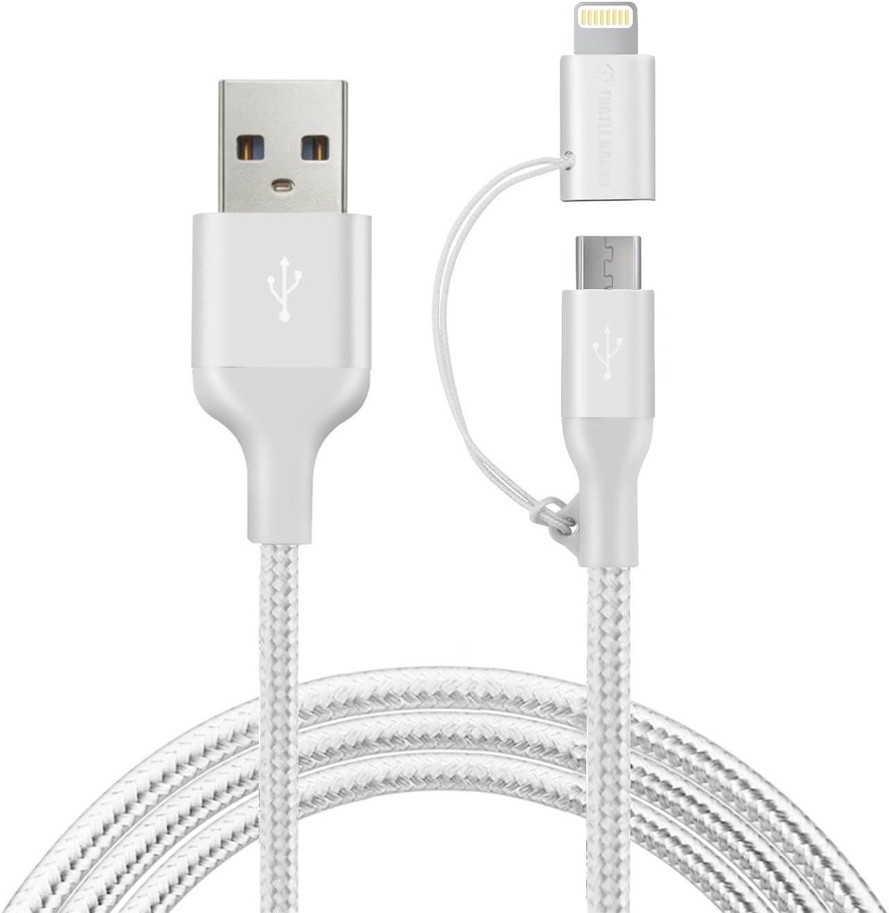 Turtle Brand Apple MFi Certified 2 in 1 Dual Connector Lightning to Micro USB Tangle-Free Charge/Sync Data Cable Cord for iPhone, iPad, iPod, Samsung - Silver