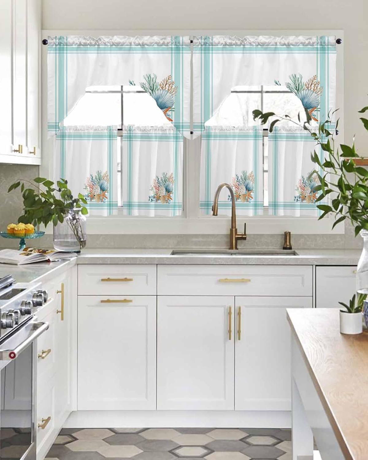 Aqua Coastal Swag Curtains Valance and Tier Set, Rod Pocket Curtain Drapes for Bedroom Bathroom Kitchen Curtains 3 Piece Set Nautical Seashells Coral Leaves Stripes Swag Valances and 36 inches Tiers