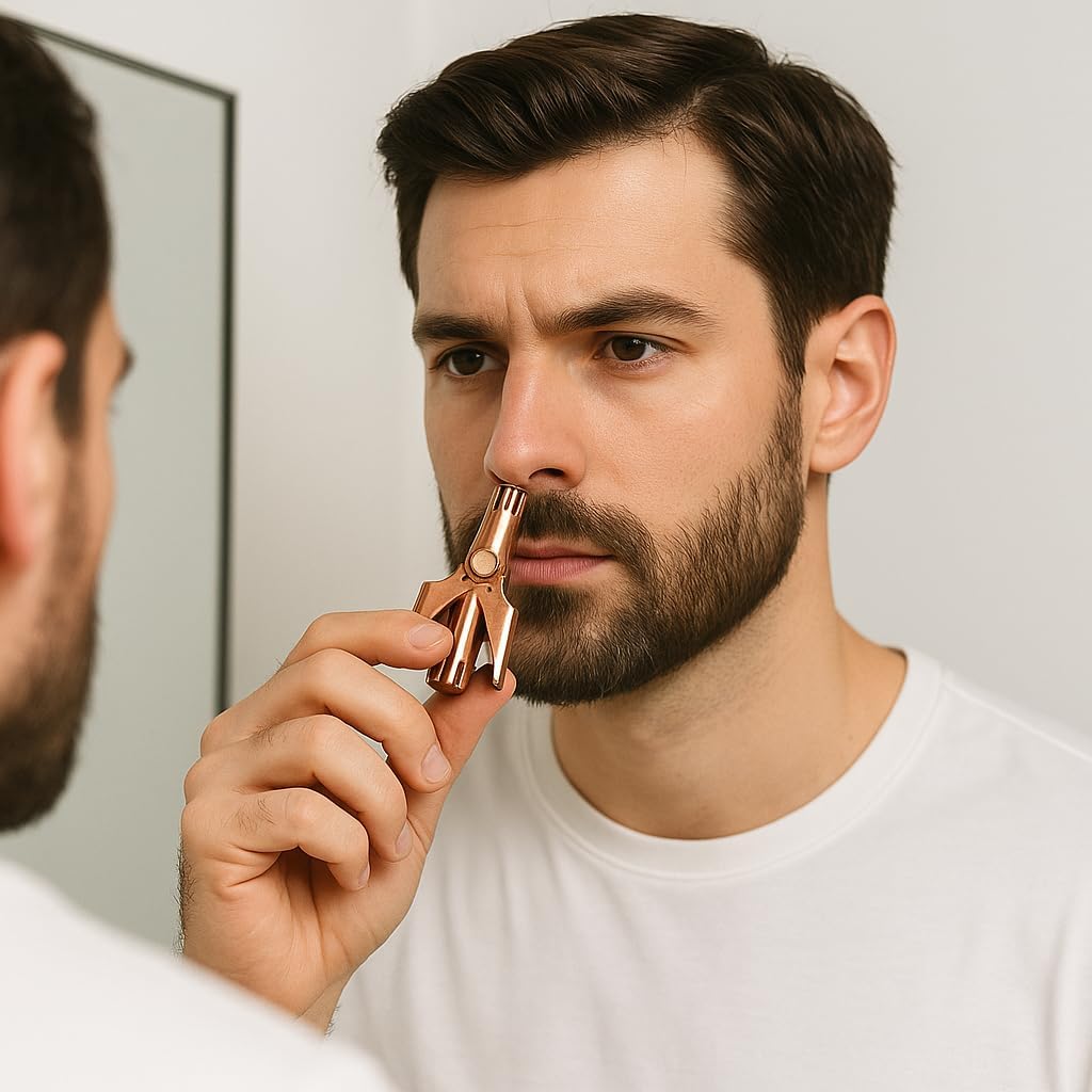 Manual Nose Hair Trimmer for Men - Stainless Steel Gold Nasal Clipper with Gift Box & Branded Pouch - No Battery Needed - Compact Travel Grooming Tool