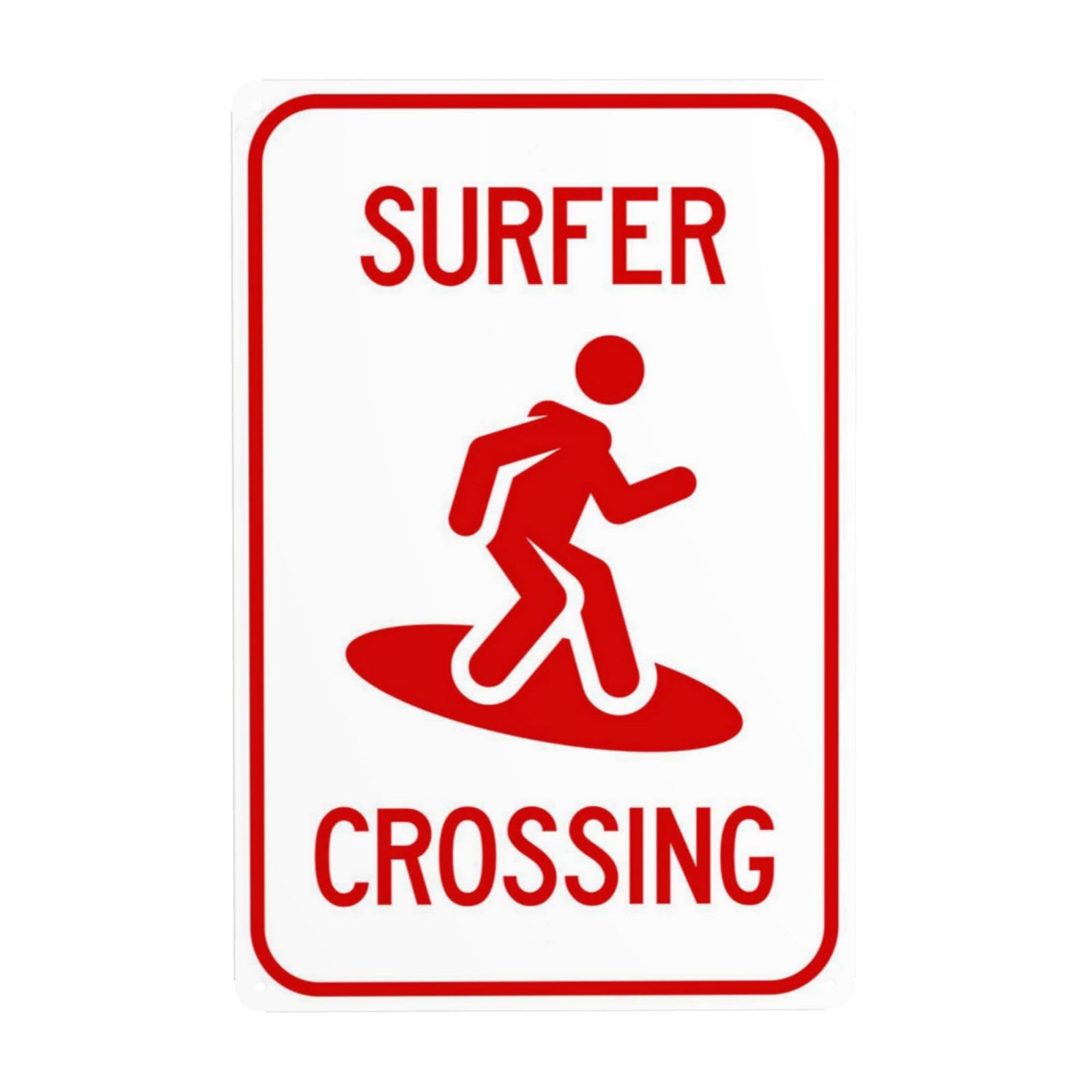 Surfer Crossing Warning Sign, 20 cm x 30 cm Metal Safety Signs, 4 Pre-Drilled and Easy to Install Signs for Indoor and Outdoor Wall Decoration, Safety Signs