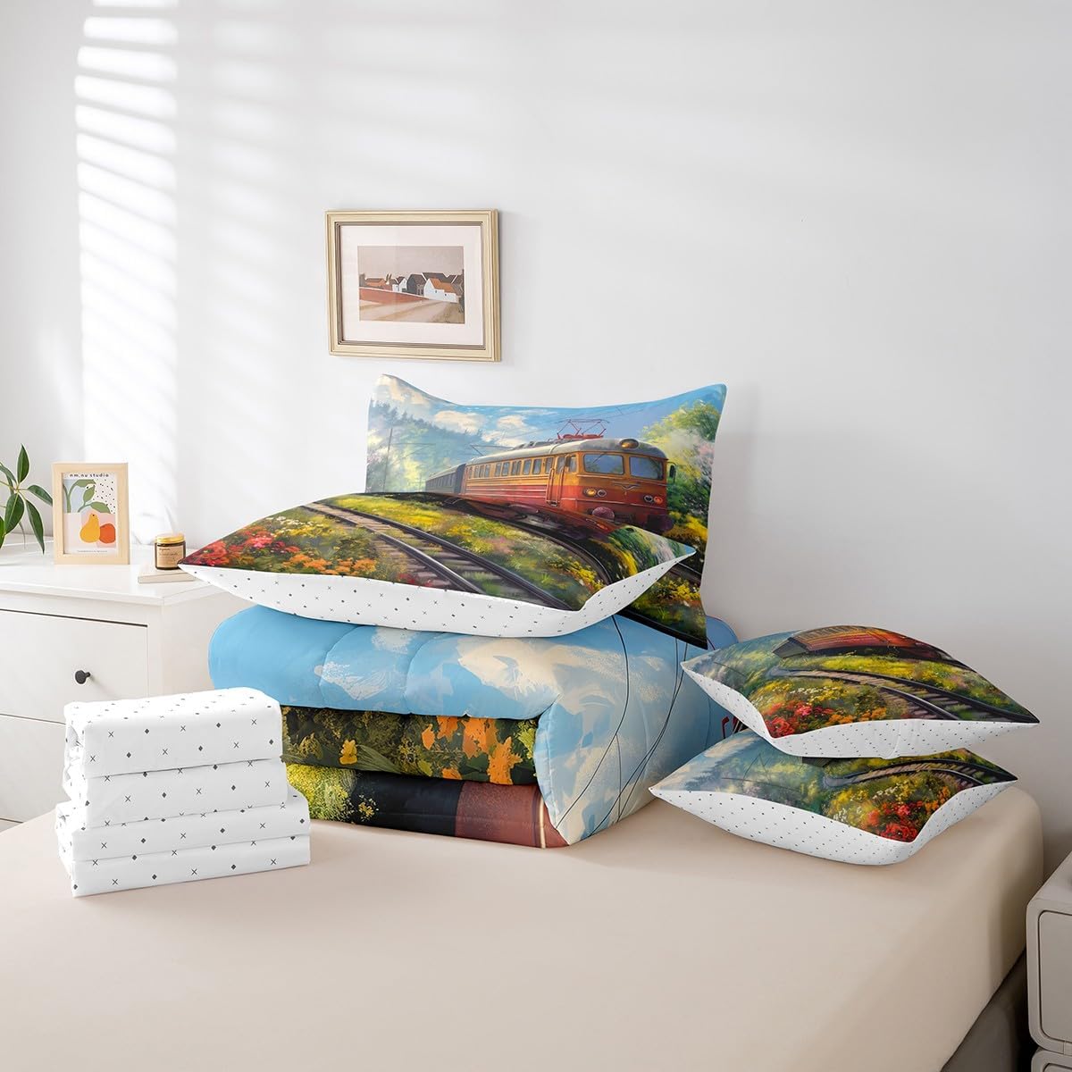 Watercolor Train Twin Bedding Sets 7-Piece Steam Engine Comforter Set Oil Painting Comforter Set With Sheets Rainbow Botanical Floral Bed In A Bag Hand Drawn Car Theme Room Decor For Kids Boys