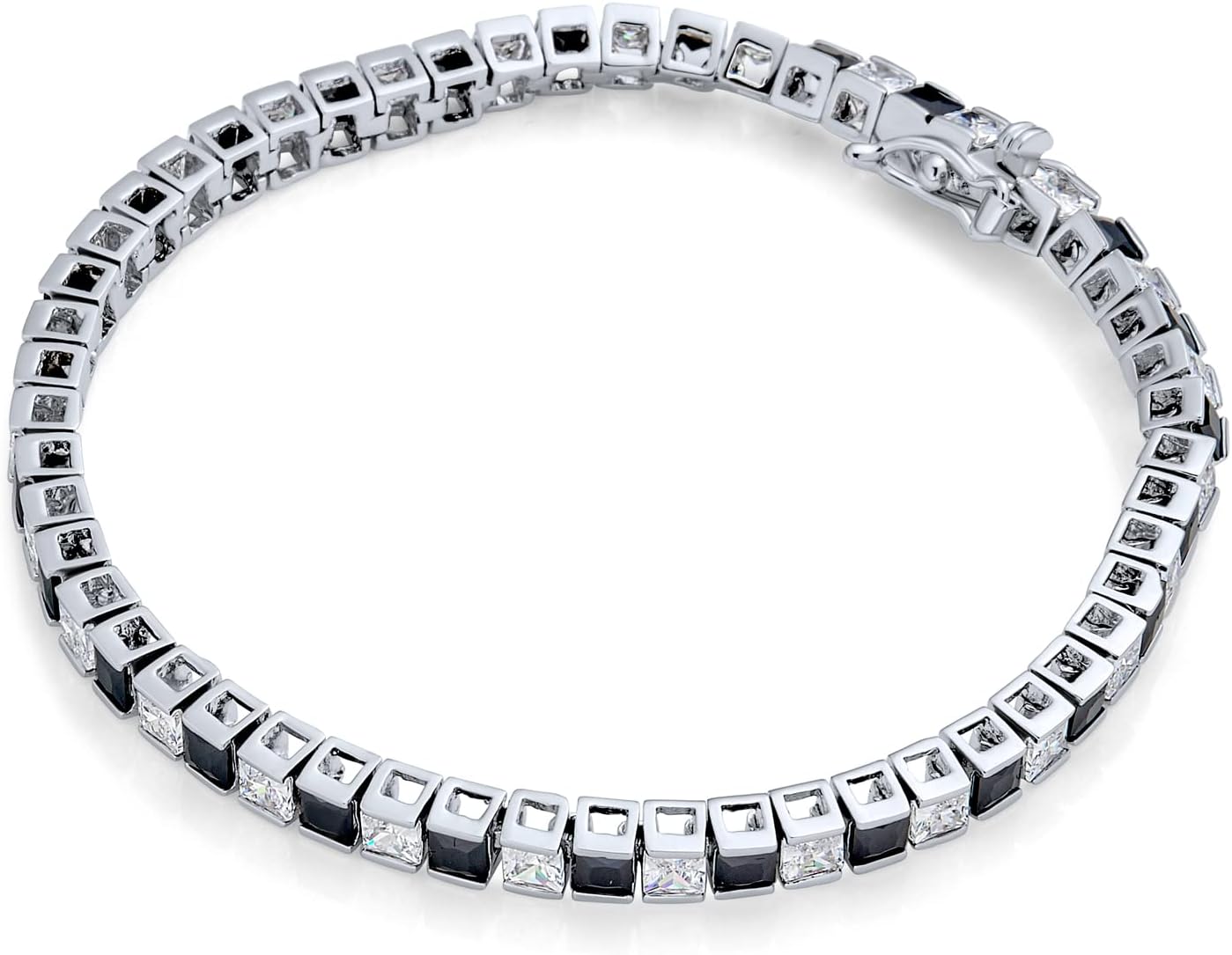 Bling Jewelry Classic Black & White Alternating Sparkling Simulated Gemstone 20CT Square Princess Cut Cubic Zirconia AAA CZ Tennis Bracelet For Women Girlfriend Silver Plated 7 Inch