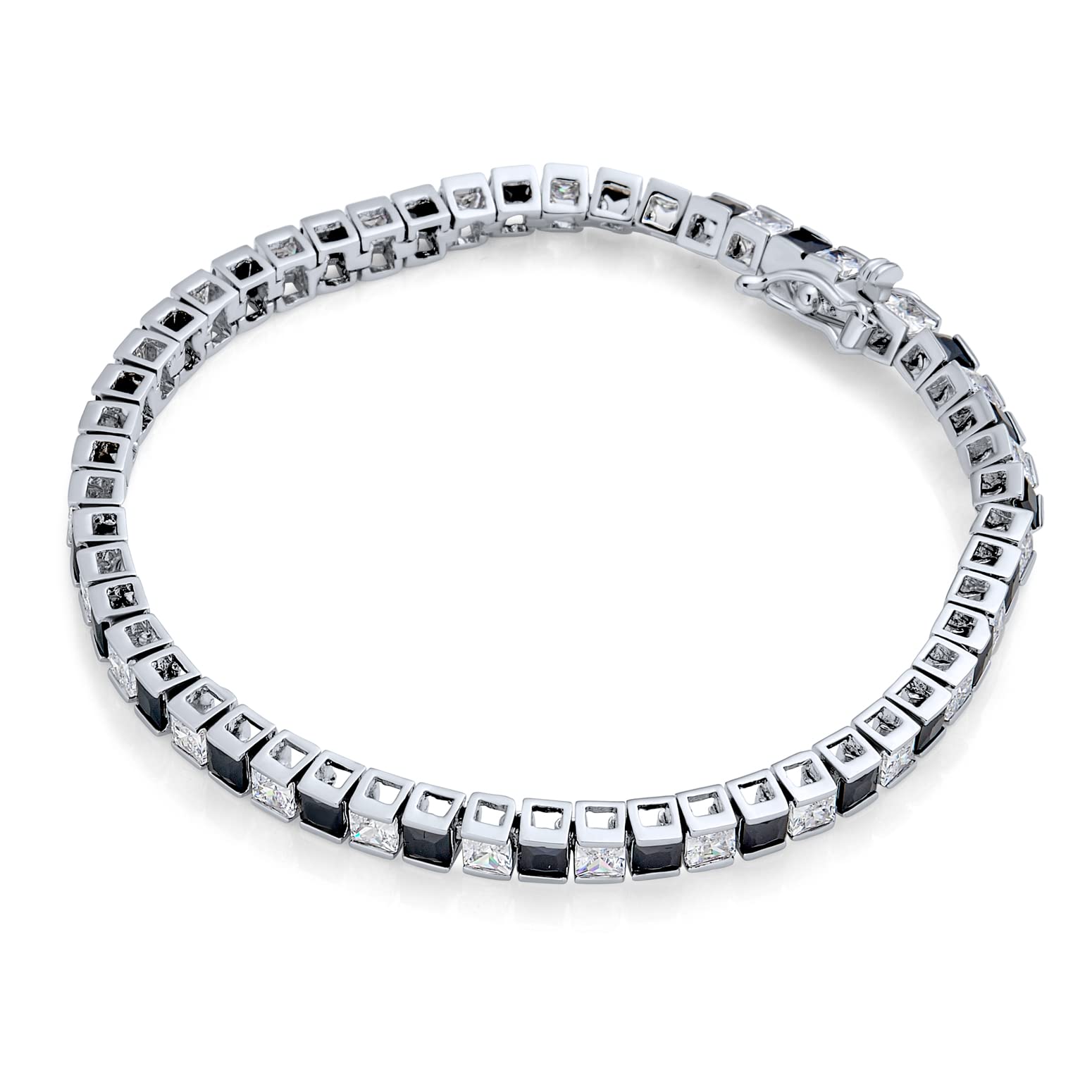 Brazalete de tenis de circonita cúbica AAA CZ de 20CT con piedras preciosas simuladas brillantes alternadas en blanco y negro clásico, corte princesa cuadrado, para mujer, novia, plateado, 7 pulgadas.