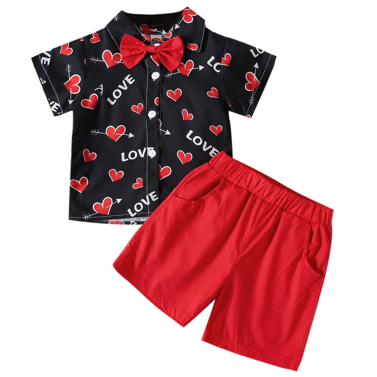 Kids Toddler Baby Boys Valentine's Day Outfit Heart Letter Print Turn-down Collar Gentleman Bowtie Dress Shirt + Shorts Pants Cake Smash Birthday Party Clothes Set for Photo Shoot Black Red 4-5 Years